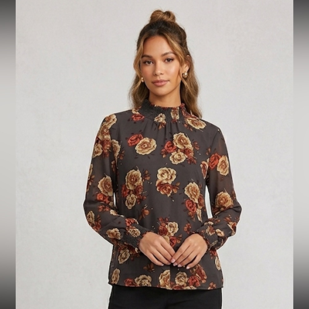 Women's Brown Floral Mock Neck Blouse